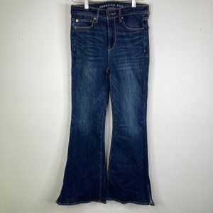 American Eagle Super High Rise Flare Stretch Dark Wash Jeans Split Leg Hem, Sz 4